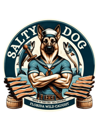 A circular white lid featuring a logo for Salty Dog. The logo depicts an anthropomorphic, muscular German Shepherd wearing a blue and white sailor uniform and hat.